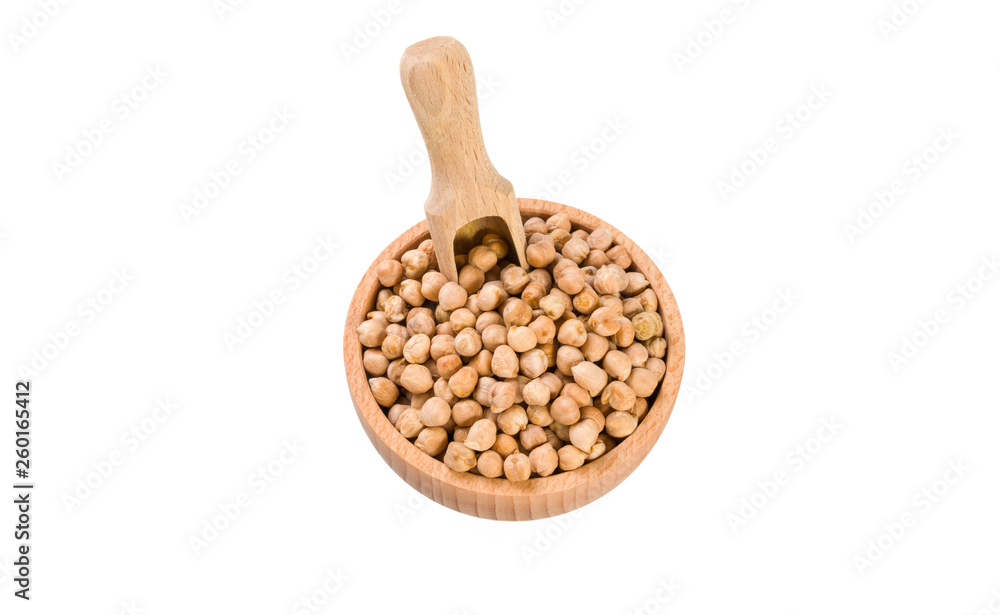chickpea in wooden bowl and scoop isolated on white background. nutrition. bio. natural food ingredient. chickpea in wooden bowl and scoop isolated on white background. nutrition. bio. natural food ingredient.