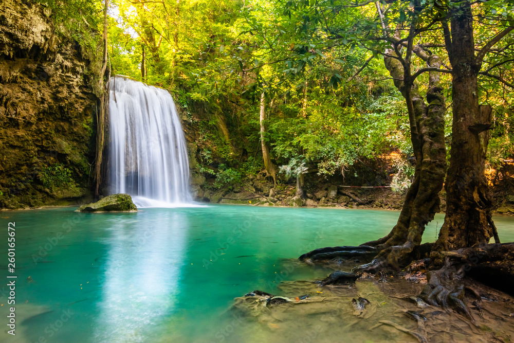 Erawan Waterfall in National Park, Thailand,Blue emerald color waterfall Erawan Waterfall in National Park, Thailand,Blue emerald color waterfall