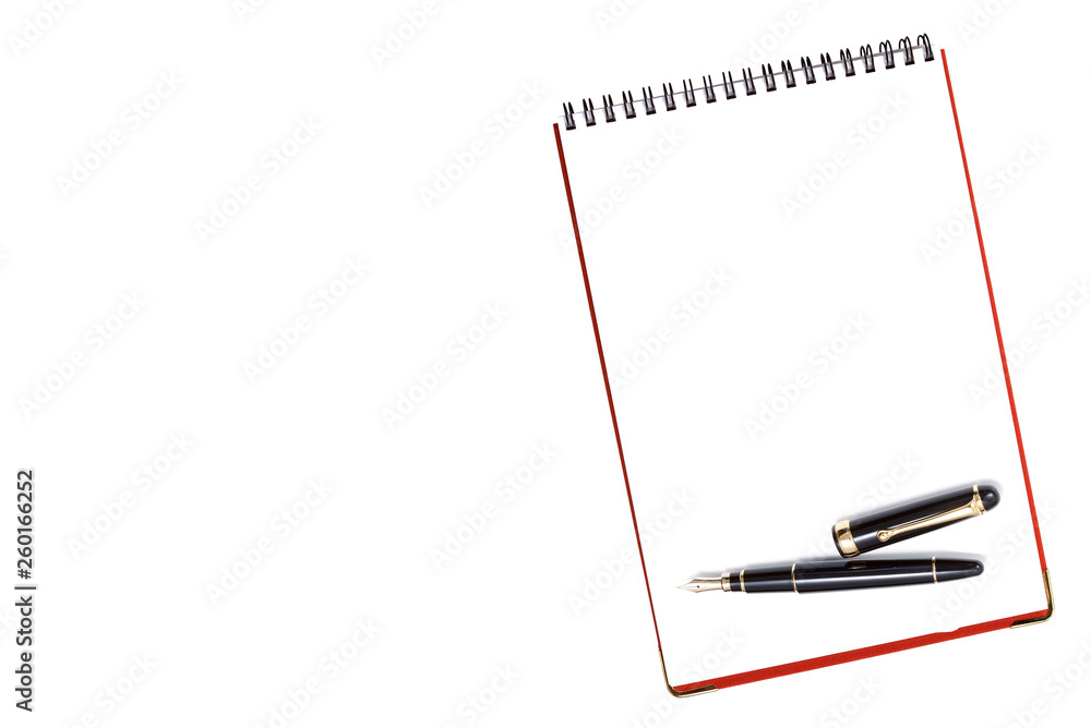 Naklejka premium Blank notebook with pen on white background