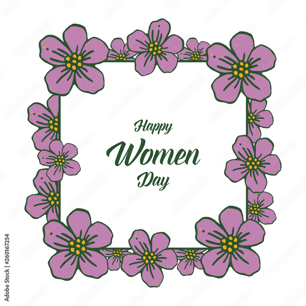 Vector illustration greeting card happy women day with purple flower frames blooms