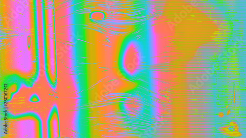 Template of a vector background with holographic neon colors with screen glitch VHS effect.  TV signal fail. Hipster style.