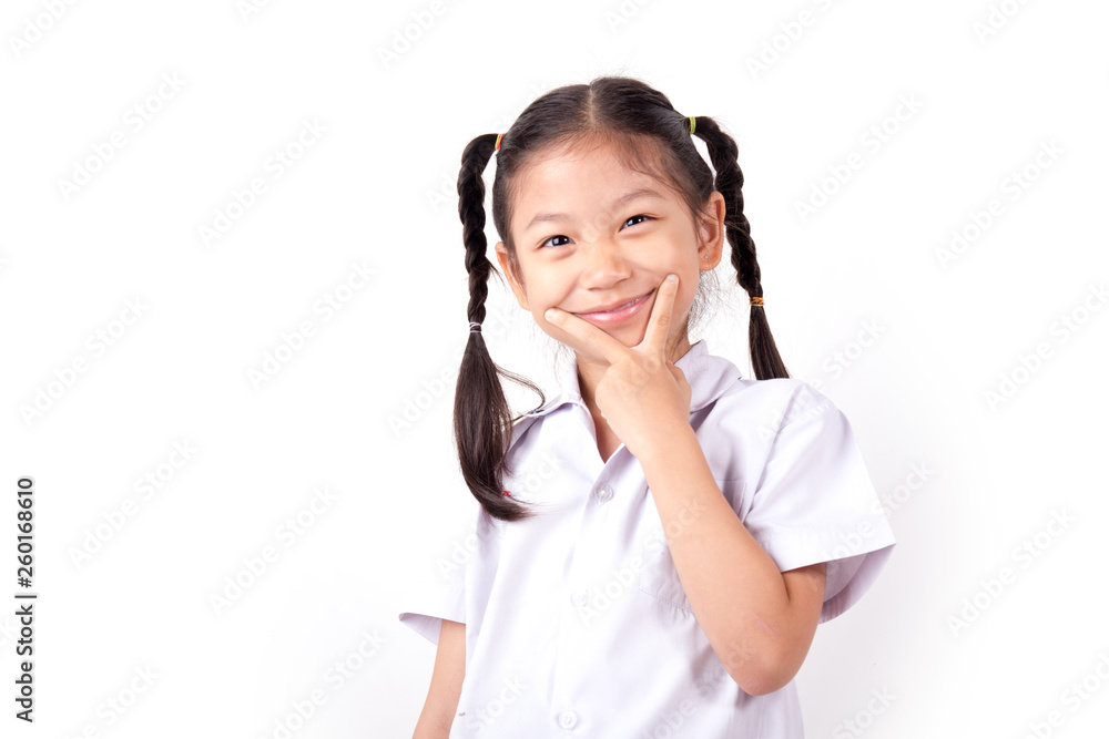 Happy Asian girl wearing school uniform on white background. Happy Asian girl wearing school uniform on white background.