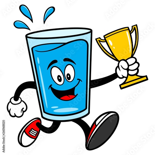Glass of Water Mascot running with a Trophy - A vector cartoon illustration of a glass of Water mascot with a Trophy.