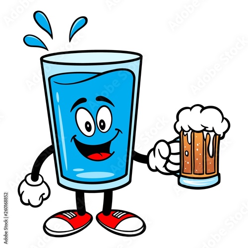 Glass of Water Mascot with a Beer - A vector cartoon illustration of a glass of Water mascot holding a Beer.