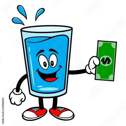 Glass of Water Mascot with a Dollar - A vector cartoon illustration of a glass of Water mascot holding a Dollar.