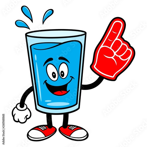 Glass of Water Mascot with a Foam Finger - A vector cartoon illustration of a glass of Water mascot with a Foam Hand.