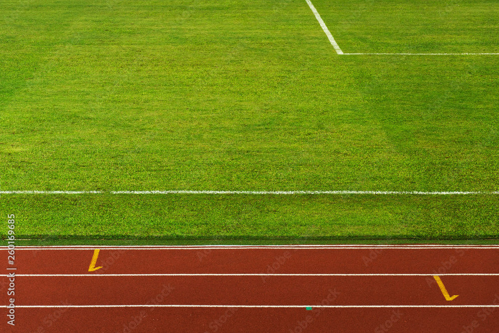 green grass field texture for sport and soccer or football with red brown white line running lane background green grass field texture for sport and soccer or football with red brown white line running lane background