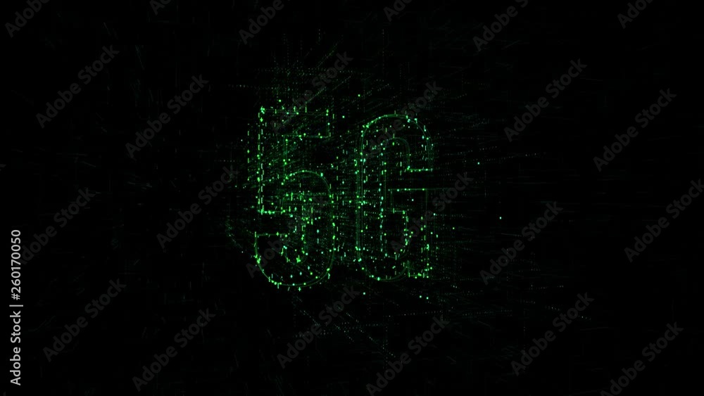 3D animation data digital code with '5G' text. Futuristic information technology concept. Green letters on black background 3D animation data digital code with '5G' text. Futuristic information technology concept. Green letters on black background
