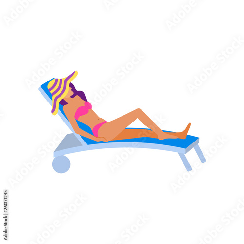 Girl sunbathing on beach flat character