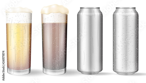 Glass glasses and aluminum cans with a beer.