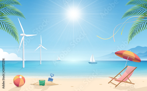 Summertime background. Tropical beach with beach elements vector background. Background of the sea with the ship and windmill. Summer Concept. Vector Illustrator.