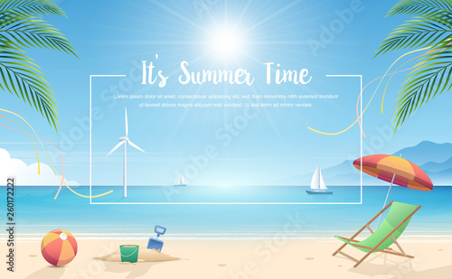 Summertime background. Tropical beach with beach elements vector background. Background of the sea with the ship and windmill. Summer Concept. Vector Illustrator.
