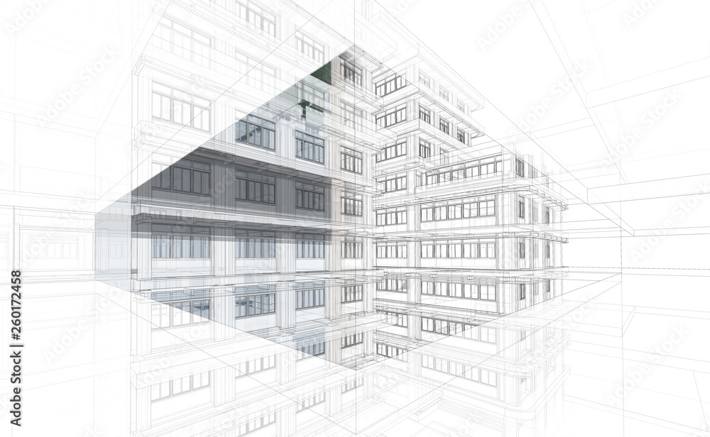 Architecture background. Perspective 3d Wireframe of building design and model my own