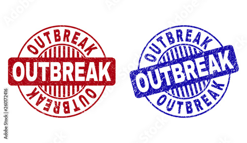 Grunge OUTBREAK round stamp seals isolated on a white background. Round seals with grunge texture in red and blue colors. Vector rubber imitation of OUTBREAK label inside circle form with stripes.