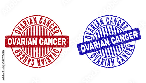 Grunge OVARIAN CANCER round stamp seals isolated on a white background. Round seals with grunge texture in red and blue colors.