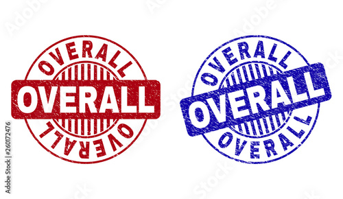 Grunge OVERALL round stamp seals isolated on a white background. Round seals with grunge texture in red and blue colors. Vector rubber imprint of OVERALL caption inside circle form with stripes.