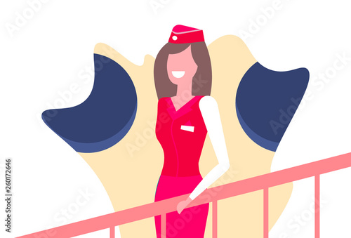 stewardess welcoming passengers at aircraft ladder flight attendant in red uniform near airplane door welcome on board to travel or vacation trip portrait flat horizontal