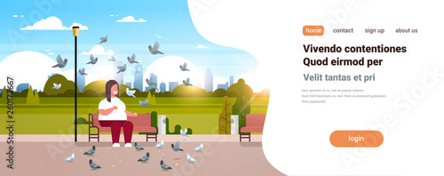 fat obese man feeding flock of pigeon overweight guy relaxing city urban park over size smiling character sitting bench cityscape background horizontal copy space