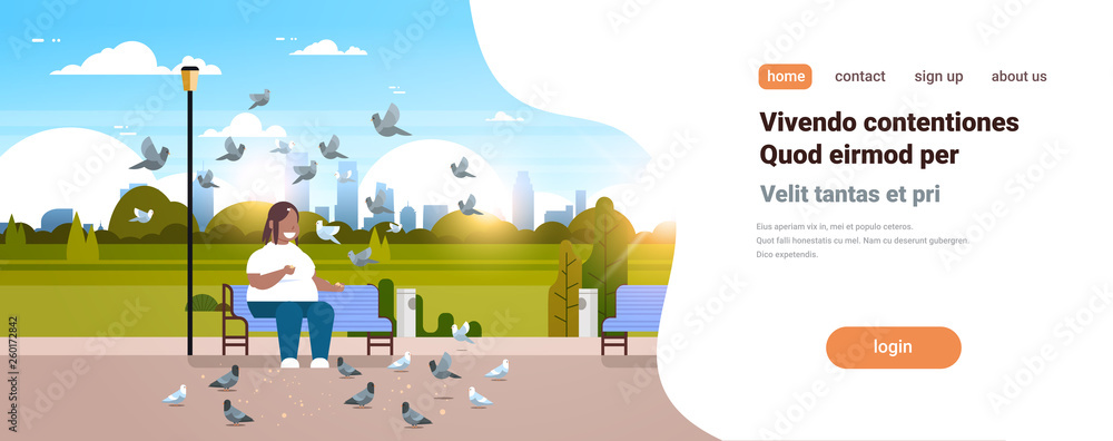 fat obese woman feeding flock of pigeon african american overweight girl relaxing city urban park over size smiling character sitting bench cityscape background horizontal copy space