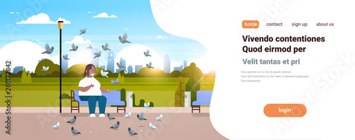 fat obese woman feeding flock of pigeon african american overweight girl relaxing city urban park over size smiling character sitting bench cityscape background horizontal copy space