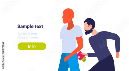 thief steals purse from hapless guy pocket pickpocket stealing wallet criminal robber cartoon character portrait theft concept horizontal copy space flat