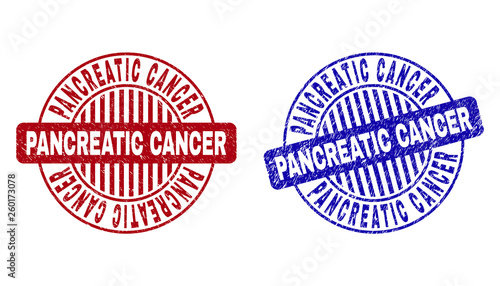 Grunge PANCREATIC CANCER round stamp seals isolated on a white background. Round seals with grunge texture in red and blue colors.