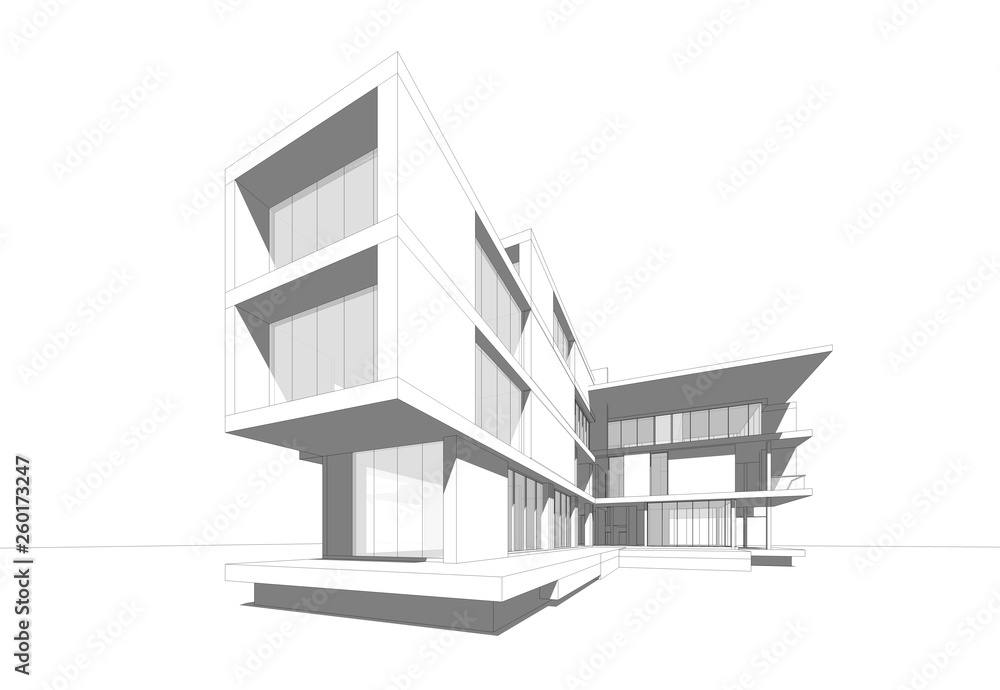 Abstract wireframe of building, 3D render