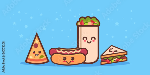 cute sandwich pizza hot dog and shaverma fast food set cartoon comic characters with smiling faces tasty classic fastfood collection happy emoji kawaii style horizontal