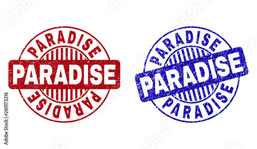 Grunge PARADISE round stamp seals isolated on a white background. Round seals with grunge texture in red and blue colors. Vector rubber imitation of PARADISE caption inside circle form with stripes.