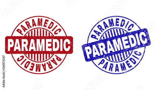 Grunge PARAMEDIC round stamp seals isolated on a white background. Round seals with grunge texture in red and blue colors. Vector rubber imprint of PARAMEDIC title inside circle form with stripes.