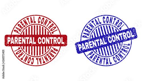 Grunge PARENTAL CONTROL round stamp seals isolated on a white background. Round seals with grunge texture in red and blue colors.