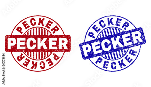 Grunge PECKER round stamp seals isolated on a white background. Round seals with grunge texture in red and blue colors. Vector rubber imitation of PECKER text inside circle form with stripes.