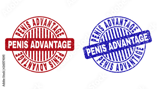 Grunge PENIS ADVANTAGE round stamp seals isolated on a white background. Round seals with grunge texture in red and blue colors.