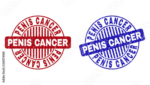 Grunge PENIS CANCER round stamp seals isolated on a white background. Round seals with distress texture in red and blue colors.