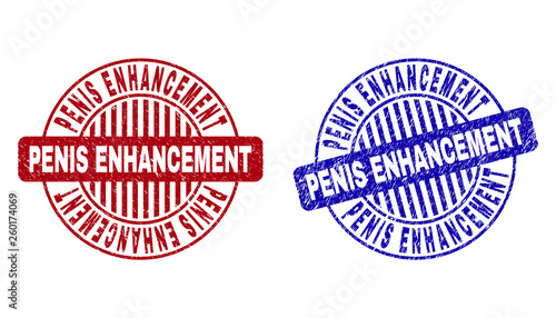 Grunge PENIS ENHANCEMENT round stamp seals isolated on a white background. Round seals with grunge texture in red and blue colors.
