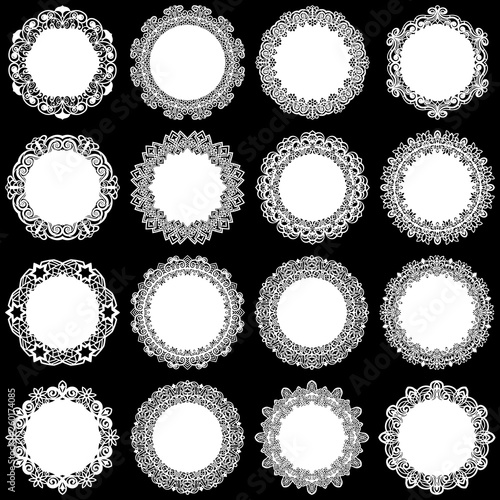 Large  set of design elements, lace round paper doily, doily to decorate the cake, template for cutting, greeting element,  snowflake, laser cut;  vector illustrations