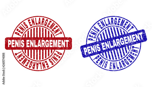 Grunge PENIS ENLARGEMENT round stamp seals isolated on a white background. Round seals with grunge texture in red and blue colors.
