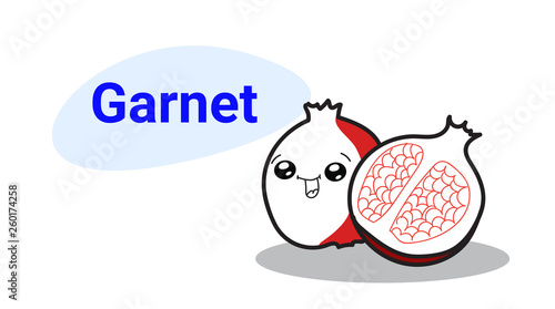 cute red garnet cartoon comic character with smiling face happy emoji kawaii hand drawn style fresh fruit healthy food concept horizontal
