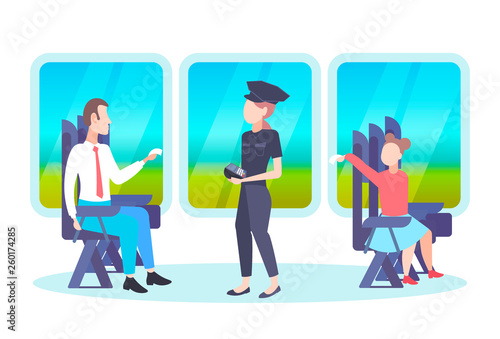 inspector woman checking tickets of passengers sitting in train compartment ticket validation concept railway transport traveling flat full length horizontal