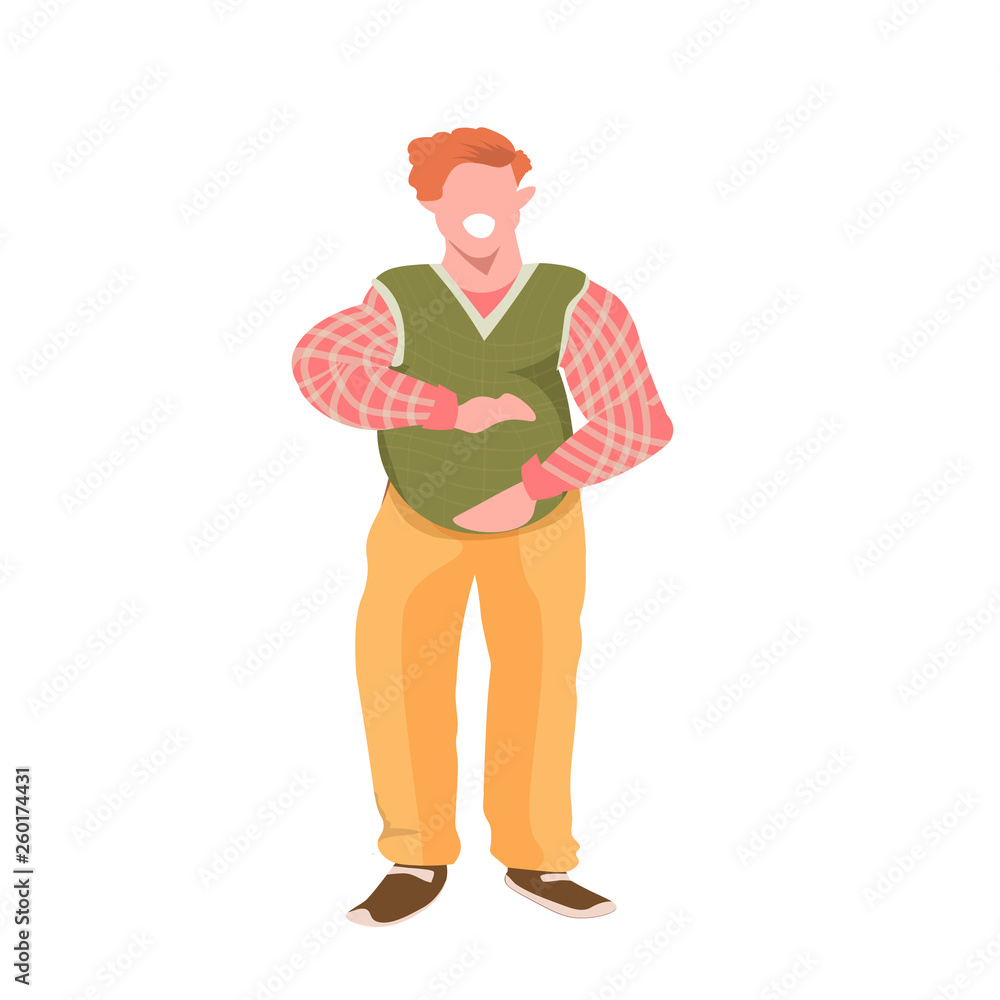 obese man touching his fat belly smiling overweight casual guy obesity concept male cartoon character full length flat white background