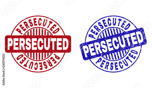 Grunge PERSECUTED round stamp seals isolated on a white background. Round seals with grunge texture in red and blue colors. Vector rubber imprint of PERSECUTED title inside circle form with stripes. photo