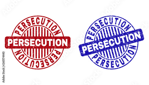 Grunge PERSECUTION round stamp seals isolated on a white background. Round seals with grunge texture in red and blue colors.