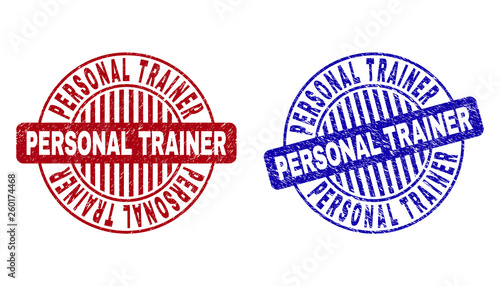 Grunge PERSONAL TRAINER round stamp seals isolated on a white background. Round seals with distress texture in red and blue colors.