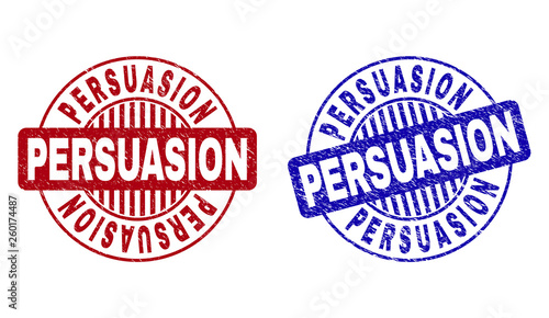 Grunge PERSUASION round stamp seals isolated on a white background. Round seals with grunge texture in red and blue colors. Vector rubber imprint of PERSUASION text inside circle form with stripes.