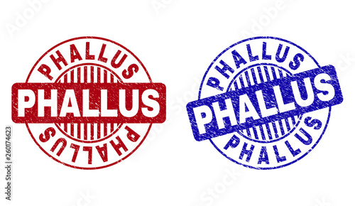 Grunge PHALLUS round stamp seals isolated on a white background. Round seals with grunge texture in red and blue colors. Vector rubber overlay of PHALLUS title inside circle form with stripes.