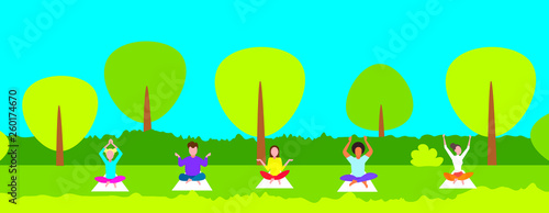 men women sitting lotus pose young people group doing yoga exercises in city park meditation concept female male cartoon characters full length horizontal cityscape background flat