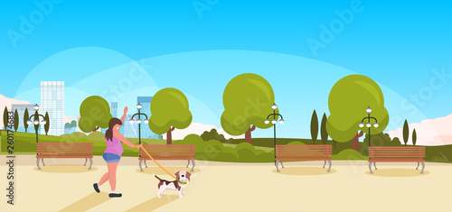 fat obese woman walking with dog urban city park background overweight girl having fun with animal pet best friend concept horizontal landscape background flat vector illustration