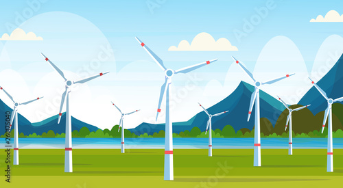 wind turbines field clean alternative energy source renewable station concept natural landscape river mountains background flat horizontal