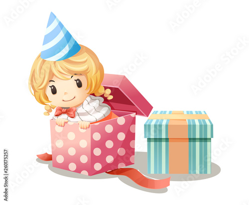 The girl plays hide in the gift box