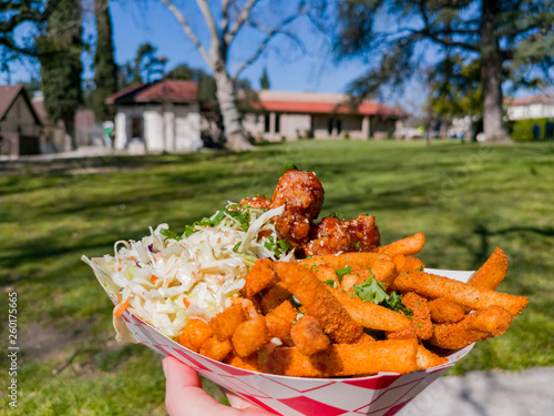 Close up of deep fried popcorn chicken with salad and French fries photo